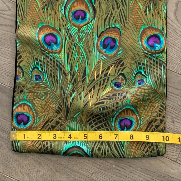 NIC & NORA NY SCARF SILK PEACOCK FEATHERS / BLACK VELVET BACK 10”x 57” - Picture 11 of 11